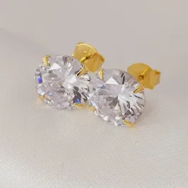 Brinco de zirconia redondo, banhado a ouro