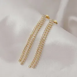 Brinco fio duplo de zirconia navete pendurado banhado a ouro
