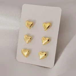 Trio de Brincos de coração liso banhado a ouro