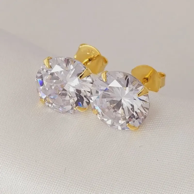 Brinco de zirconia redondo, banhado a ouro