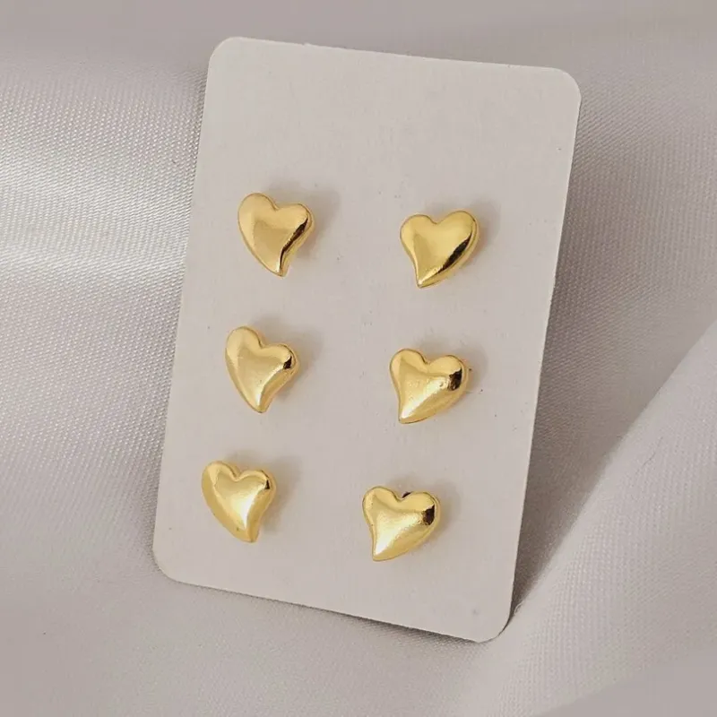 Trio de Brincos de coração liso banhado a ouro