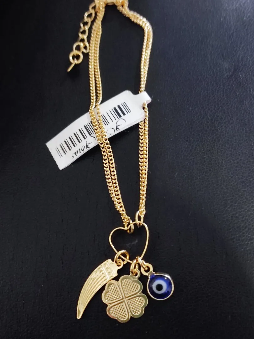 PULSEIRA DUPLA ELO GRUMET PINGENTES DE PIMENTA, TREVO E OLHO GREGO BD