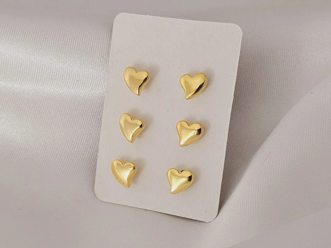 Trio de Brincos de coração liso banhado a ouro