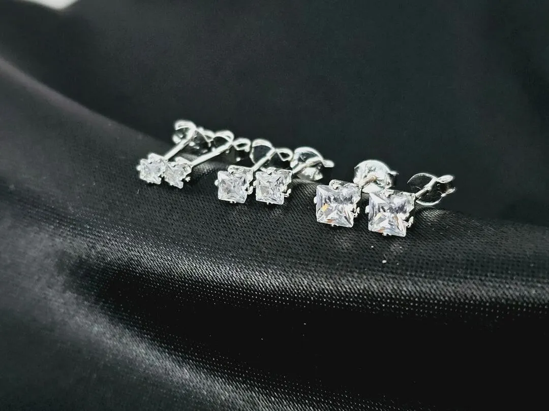 Trio de brincos de zirconia quadrado banhado a prata